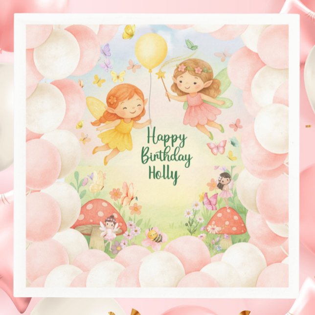 Personalized Cute Fairy Birthday Paper Napkin  Pappersservett (Personalized Fairy Birthday Paper Napkin | Cute Magical Fairies Party Tableware)
