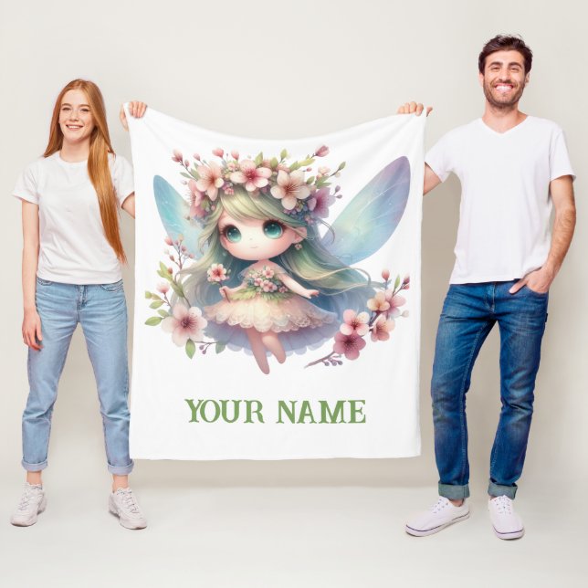 Personalized Cute Fairy & Floral Wreath  Fleecefilt (På plats)