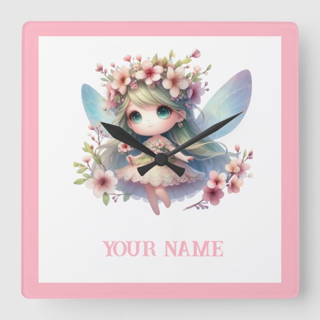 Personalized cute Fairy & Floral Wreath Fyrkantig Klocka (Framsida)