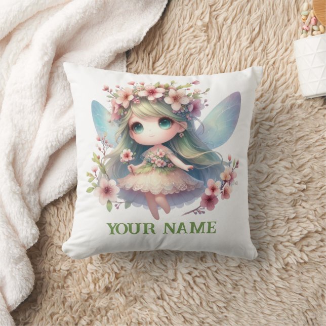 Personalized Cute Fairy & Floral Wreath Pillow Kudde (Filt)