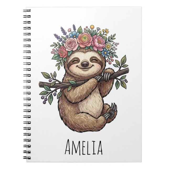 Personalized Cute Floral Sloth with Flower Crown   Anteckningsbok (Framsidan)