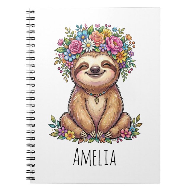 Personalized Cute Floral Sloth with Flower Crown   Anteckningsbok (Framsidan)