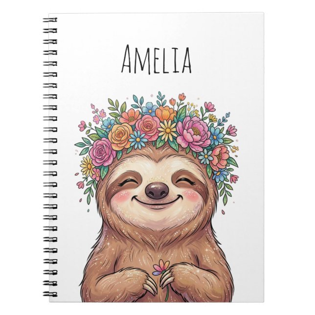 Personalized Cute Floral Sloth with Flower Crown   Anteckningsbok (Framsidan)