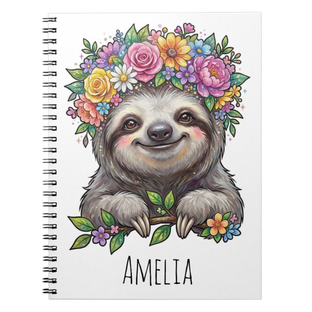Personalized Cute Floral Sloth with Flower Crown   Anteckningsbok (Framsidan)
