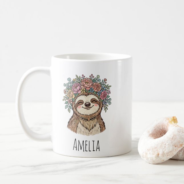 Personalized Cute Floral Sloth with Flower Crown   Kaffemugg (Med munk)