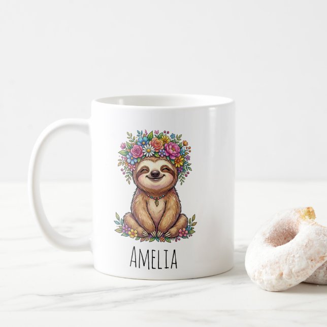 Personalized Cute Floral Sloth with Flower Crown   Kaffemugg (Med munk)