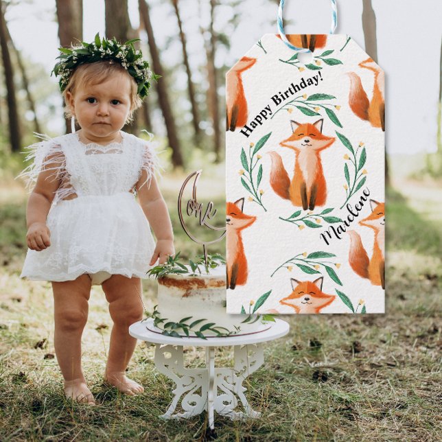 Personalized Cute Fox woodland birthday Presentetikett (Skapare uppladdad)