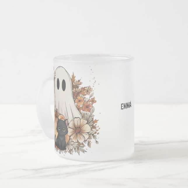 Personalized Cute Ghost and Black Cat Autumn Mug Frostad Glasmugg (Framsida vänster)