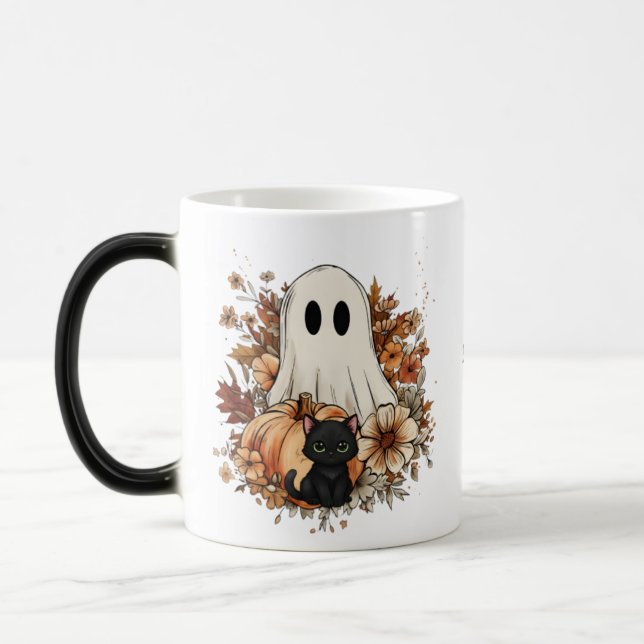 Personalized Cute Ghost and Black Cat Autumn Mug Magisk Mugg (Vänster)