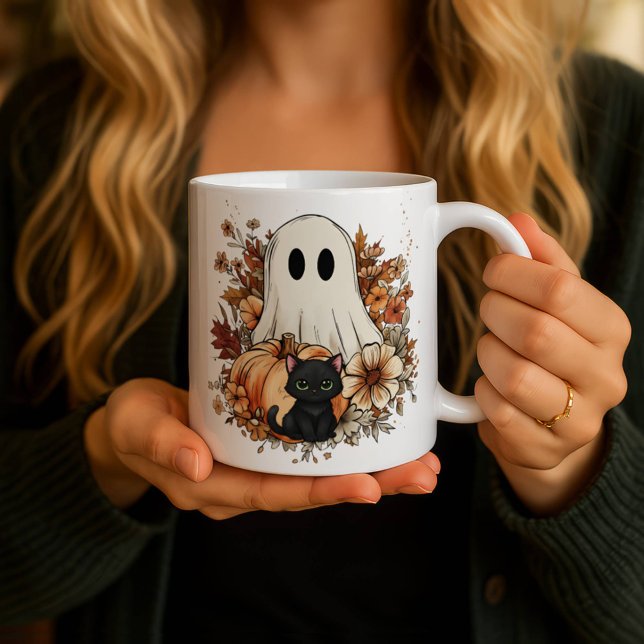 Personalized Cute Ghost and Black Cat Autumn Mug Magisk Mugg (Skapare uppladdad)