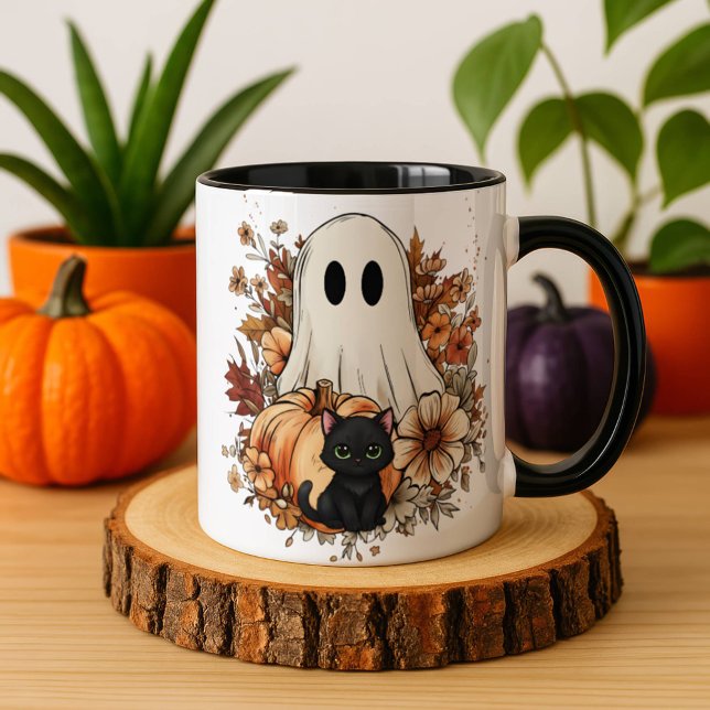 Personalized Cute Ghost and Black Cat Autumn Mug Mugg (Skapare uppladdad)