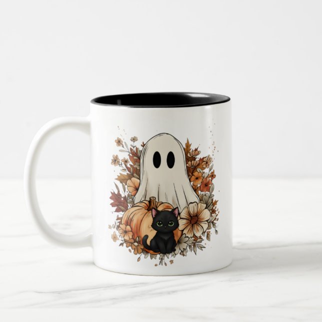 Personalized Cute Ghost and Black Cat Autumn Mug Två-Tonad Mugg (Vänster)