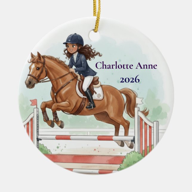 Personalized Cute Girls Horse Show Jumping Julgransprydnad Keramik (Framsidan)