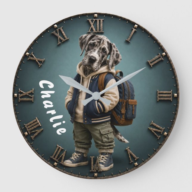 Personalized Cute Great Dane Puppy Backpack Stor Klocka (Framsida)