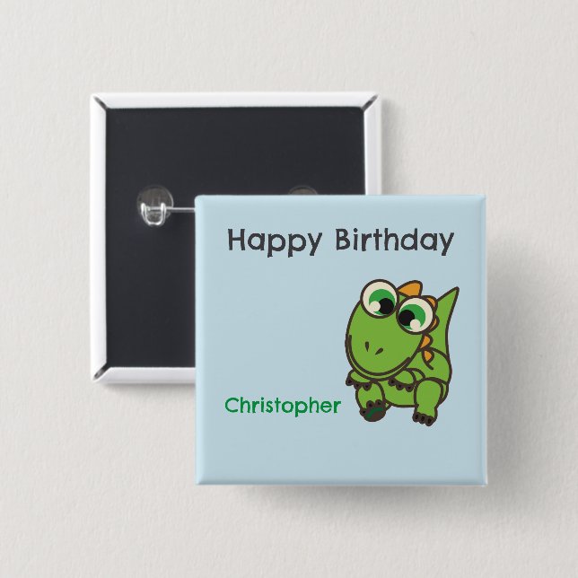 Personalized cute green dinosaurs blue birthday knapp (Framsida & baksida)