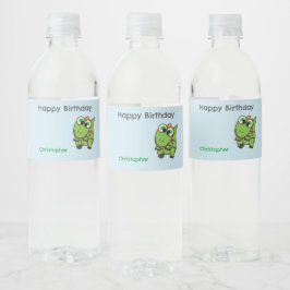 Personalized cute green dinosaurs blue birthday vattenflaskor etikett