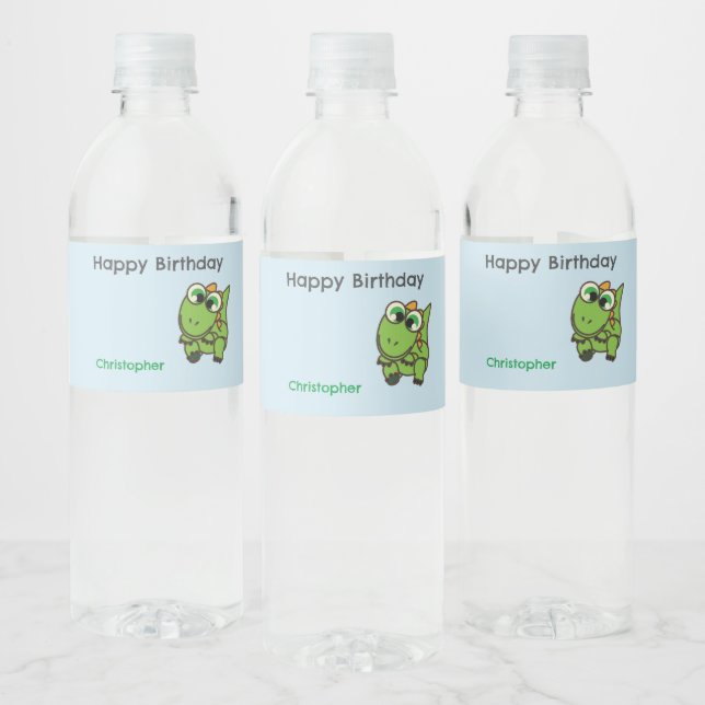 Personalized cute green dinosaurs blue birthday vattenflaskor etikett (Flaskor)