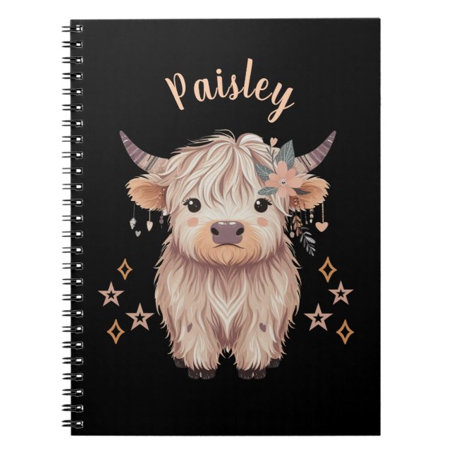 Personalized Cute Highland Cow Notebook Black Anteckningsbok (Framsidan)