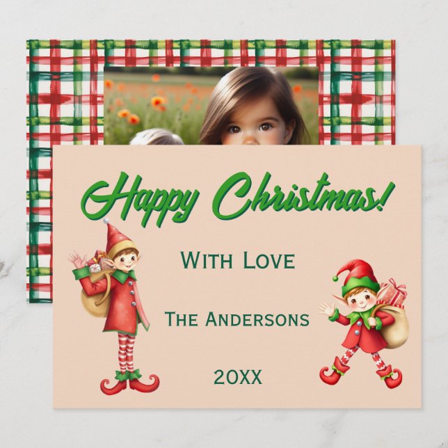 Personalized Cute Little Elf Christmas Photo Julkort (Fram/baksida)