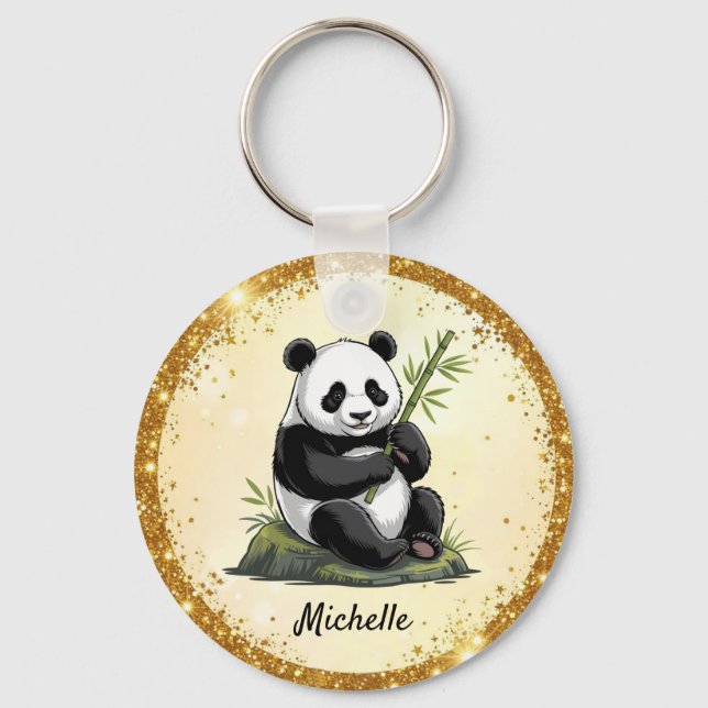Personalized Cute Panda Bear Greenery Bamboo Gold  Nyckelring (Framsida)