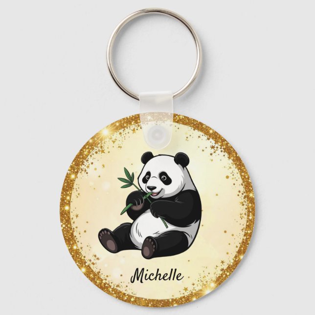 Personalized Cute Panda Bear Greenery Bamboo Gold  Nyckelring (Framsida)