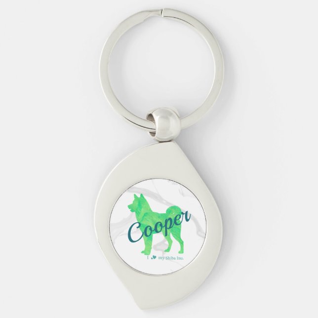Personalized Cute Pastel Green Shiba Inu - Dog Swirl Silverfärgad Nyckelring (Framsidan)