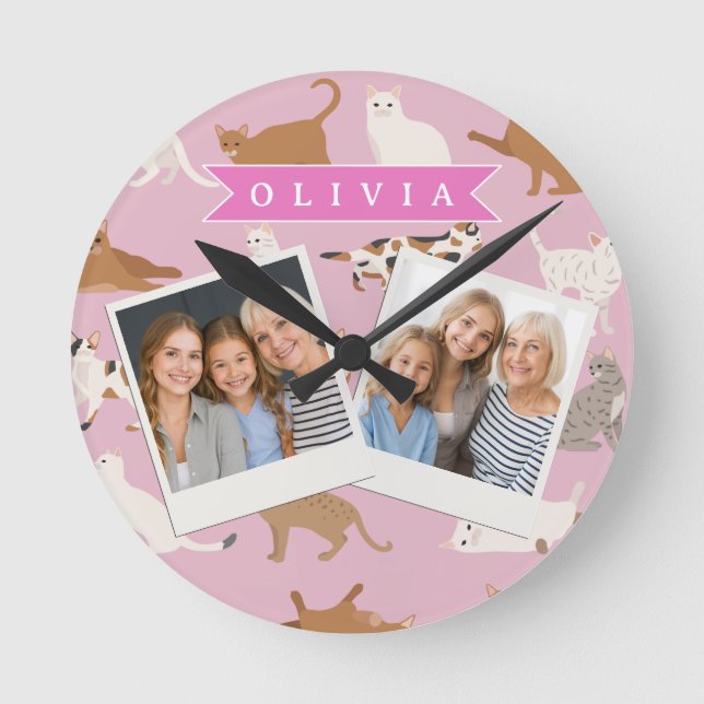 Personalized Cute Pink Cat Pattern Gift Cat Lover Rund Klocka (Framsida)