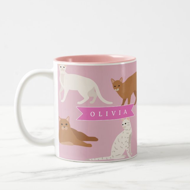 Personalized Cute Pink Cat Pattern Gift Cat Lover Två-Tonad Mugg (Vänster)