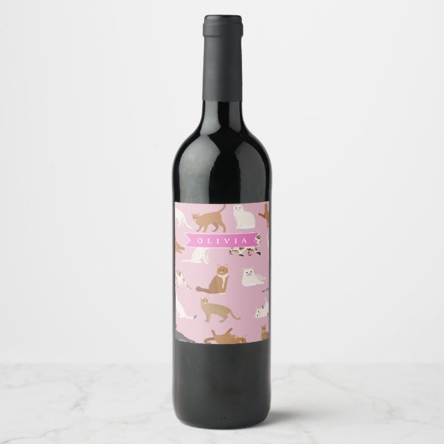 Personalized Cute Pink Cat Pattern Gift Cat Lover Vinflaska Etikett (Framsida)