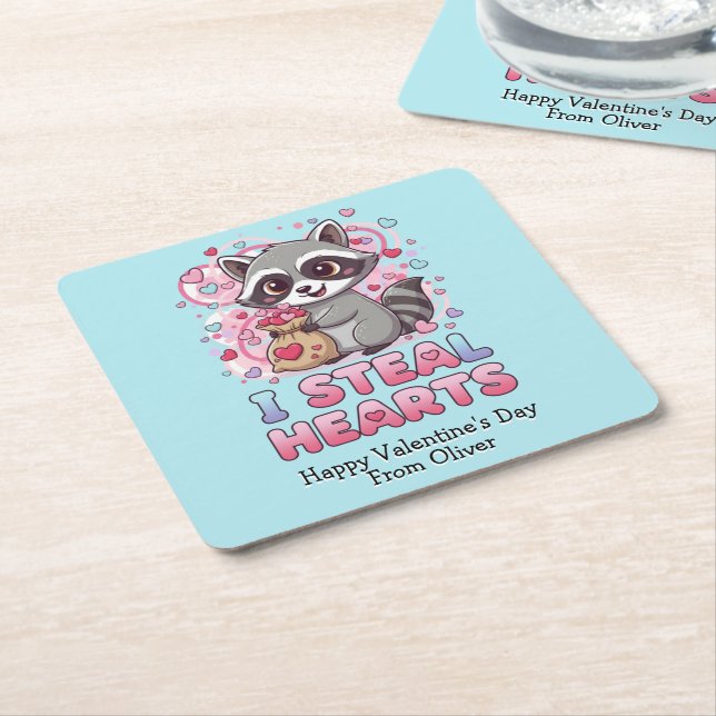 Personalized Cute Raccoon Classroom Valentine Underlägg Papper Kvadrat (Vinklad)
