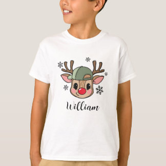 Personalized Cute Reindeer in Cap Christmas Boy T Shirt