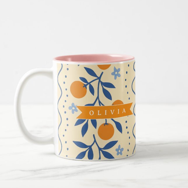 Personalized cute retro citrus folk pattern Två-Tonad mugg (Vänster)