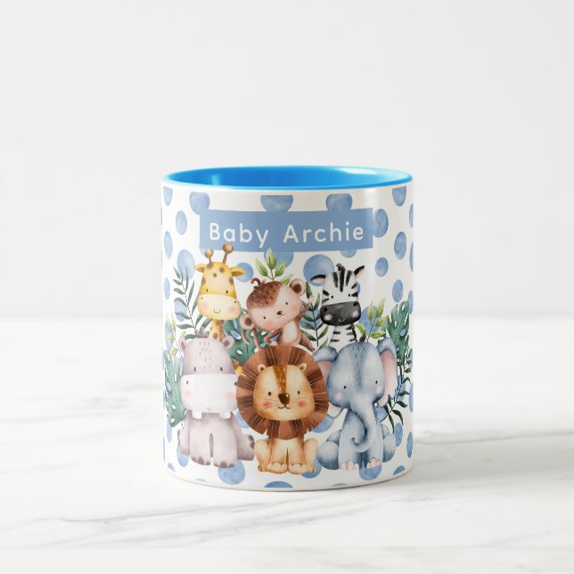 Personalized Cute Safari Animal baby boy name blue Två-Tonad Mugg (Center)