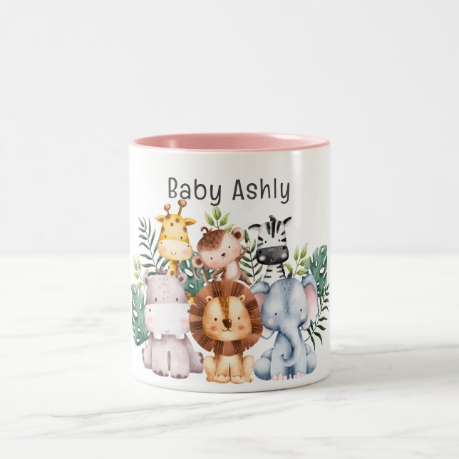 Personalized Cute Safari Animals Kids Name  Två-Tonad Mugg (Center)