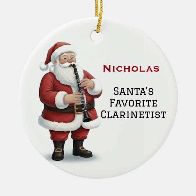 Personalized Cute Santa Playing Clarinet Julgransprydnad Keramik (Framsidan)