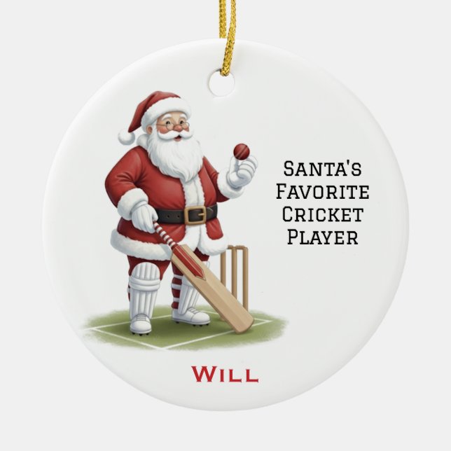 Personalized Cute Santa Playing Cricket Julgransprydnad Keramik (Framsidan)