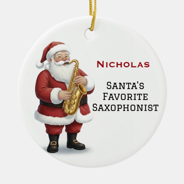 Personalized Cute Santa Playing Saxophone Julgransprydnad Keramik (Framsidan)