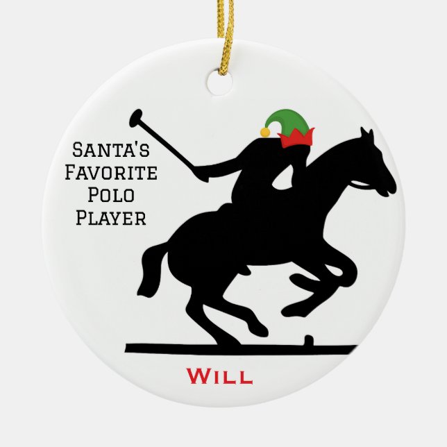 Personalized Cute Santa's Elf Playing Polo  Julgransprydnad Keramik (Framsidan)