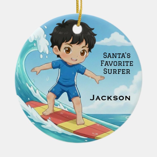 Personalized Cute Santa's Favorite Surfer Julgransprydnad Keramik (Framsidan)