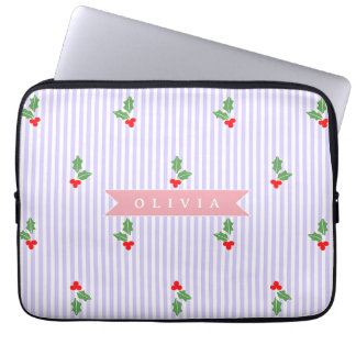 Personalized Cute Striped Holiday Christmas Holly  Laptop Fodral