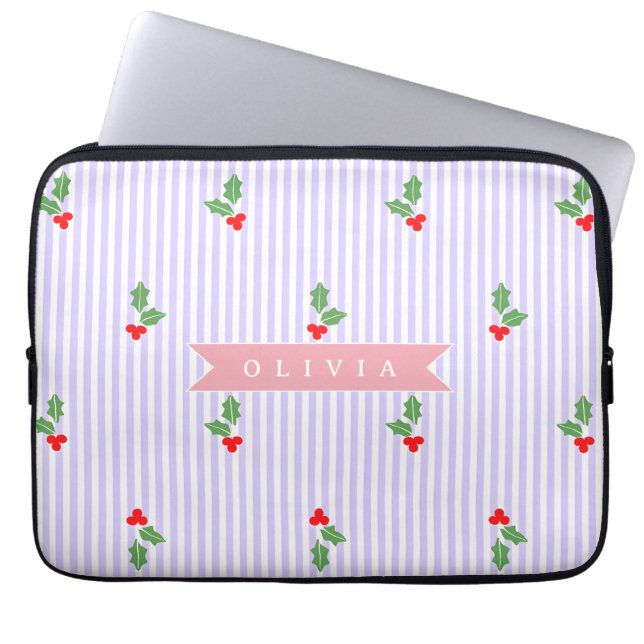 Personalized Cute Striped Holiday Christmas Holly  Laptop Fodral (Framsidan)