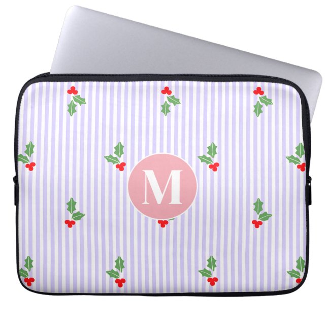 Personalized Cute Striped Holiday Christmas Holly  Laptop Fodral (Framsidan)