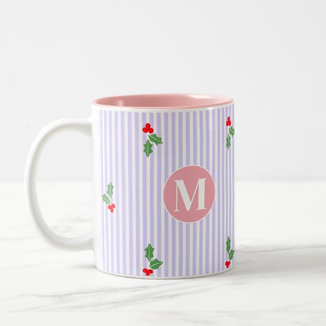 Personalized Cute Striped Holiday Christmas Holly  Två-Tonad Mugg (Vänster)