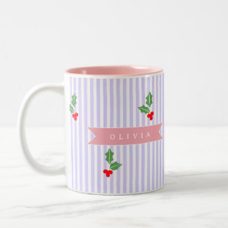 Personalized Cute Striped Holiday Christmas Holly  Två-Tonad Mugg