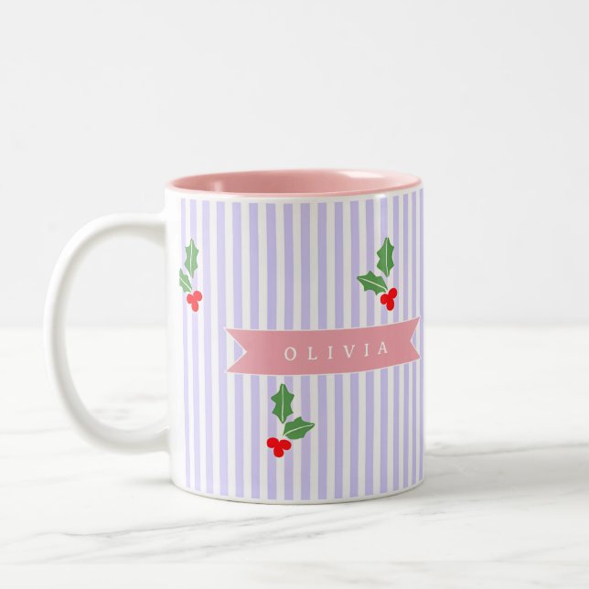 Personalized Cute Striped Holiday Christmas Holly  Två-Tonad Mugg (Vänster)