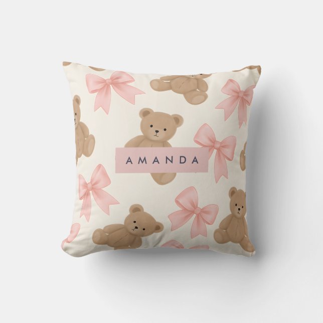 Personalized Cute Teddy Bear and Pink Bow Pattern Kudde (Framsida)
