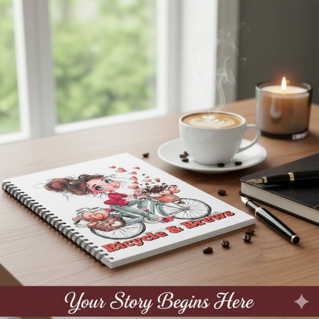 Personalized Cute Watercolor Girl Bicycle & Brews  Anteckningsbok (Skapare uppladdad)