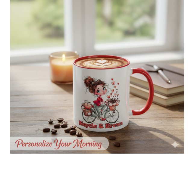 Personalized Cute Watercolor Girl Bicycle & Brews  Mugg (Skapare uppladdad)