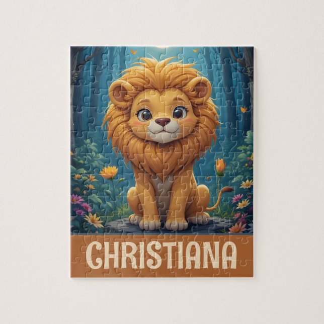 Personalized Cute Whimsical Lion in a Forest Pussel (Vertikal)