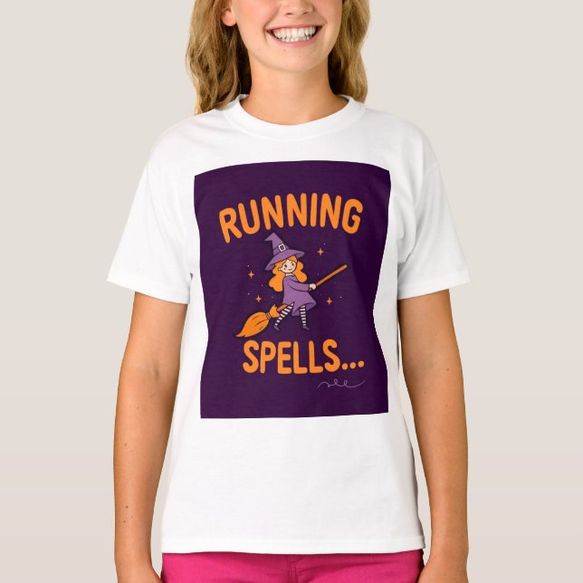 Personalized Cute Witch Running Spells  T Shirt (Framsida)